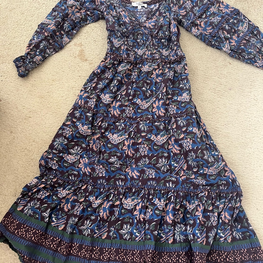Sea New York Navy Floral Tiered Long Sleeve Maxi Dress with Pink Accents